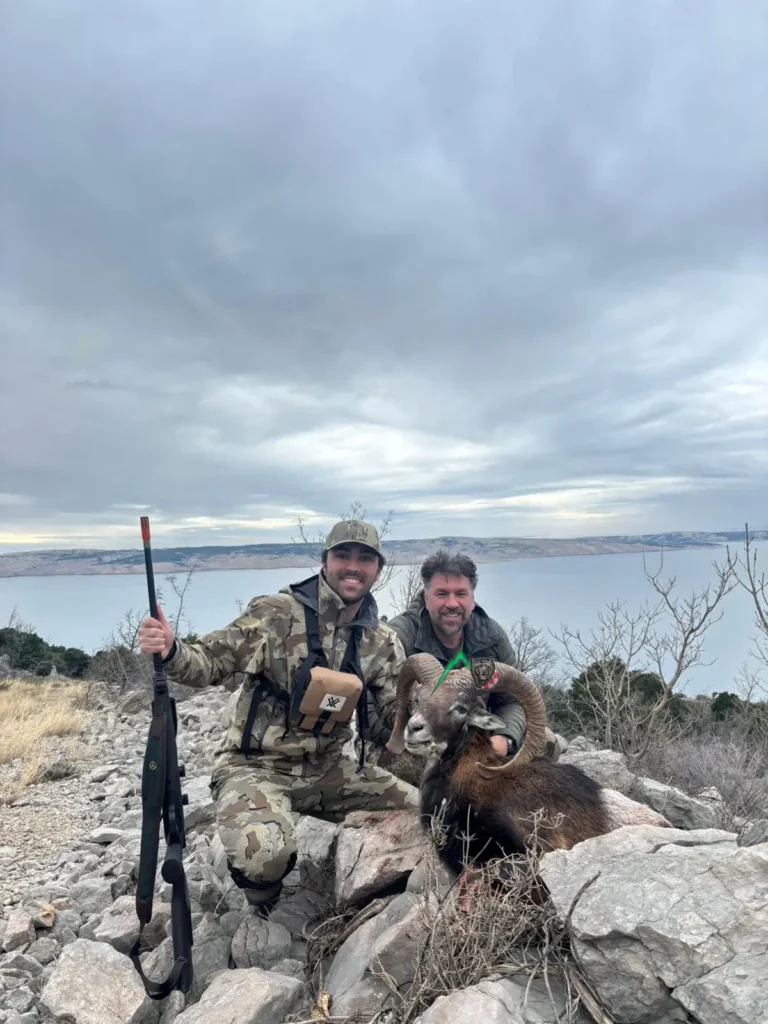 Tomo Svetic (owner of Artemis Hunting) with a client of Artemis Hunting on a successful mouflon sheep hunt in Croatia