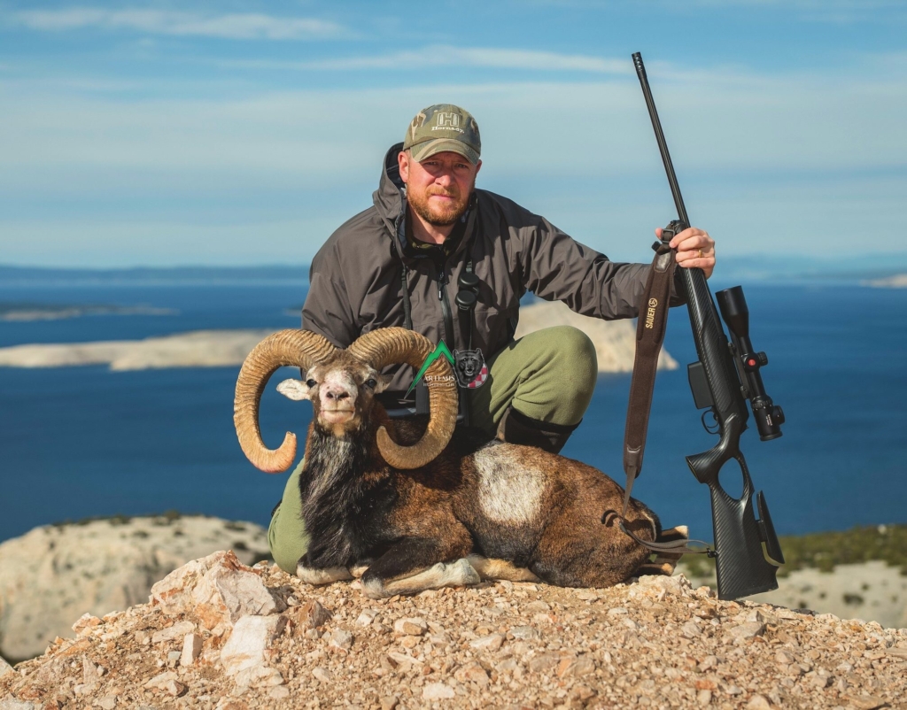 Simon K. Barr, client of Artemis Hunting on a successful mouflon sheep hunt in Croatia